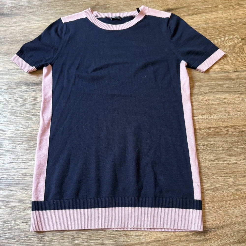 Jil Sander Navy Knit Top Colorblock Short Sleeve Tunic | Navy Pink | Size Small